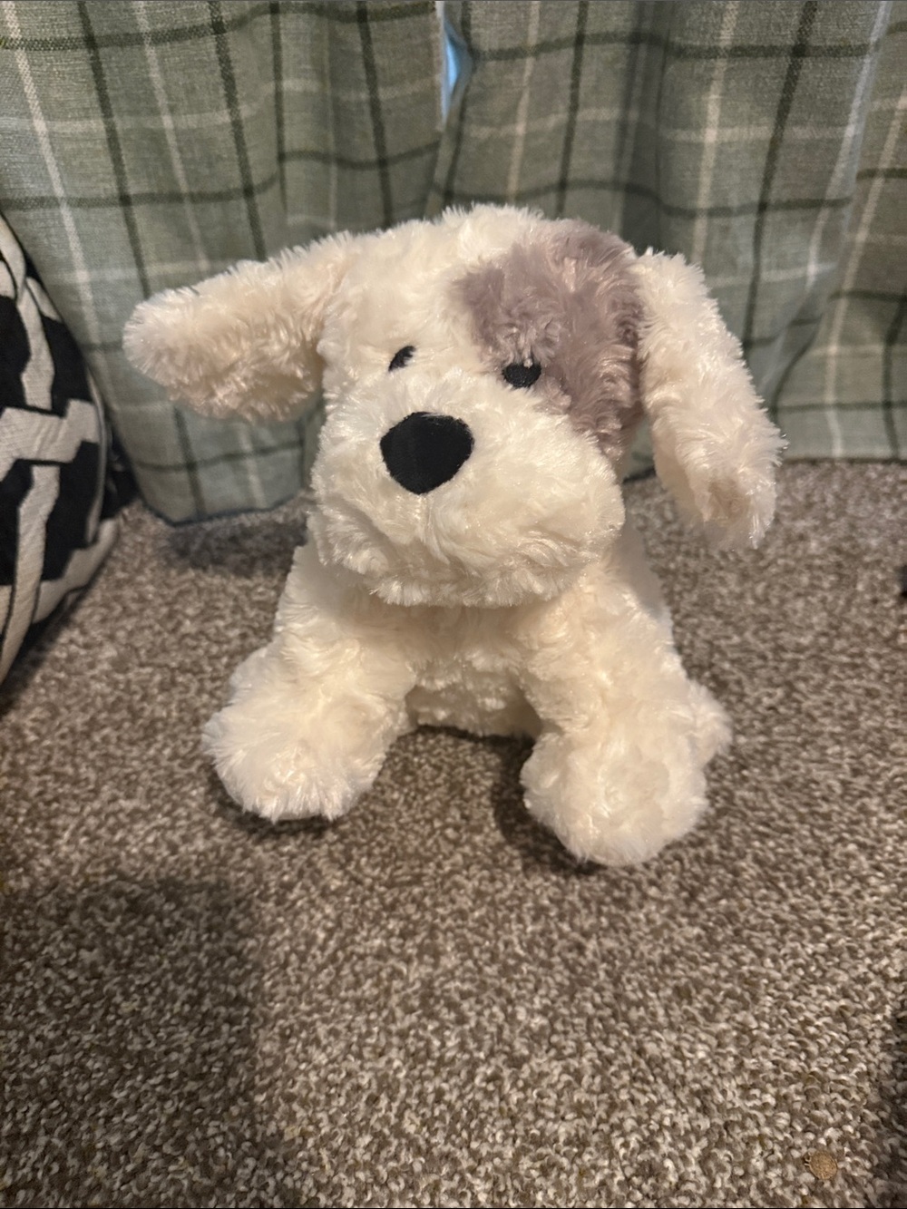 Plush Cream Puppy Toy with Light Gray Spot - Soft Cuddly Companion